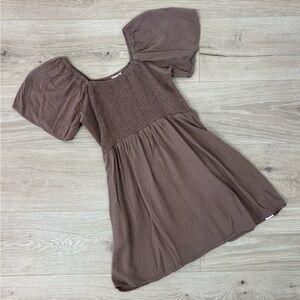 Camellia Brown Puff Sleeve Smocked Mini Dress